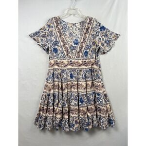 Bila Paisley Floral Mini Dress Womens Large Blue Cottage Excellent Boho Tiered